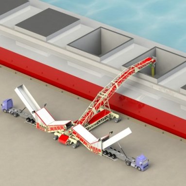 Cambered boom shiploaders