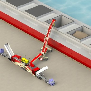Cambered boom shiploaders