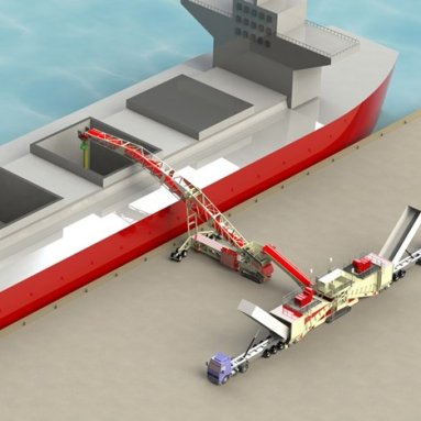 Cambered boom shiploaders